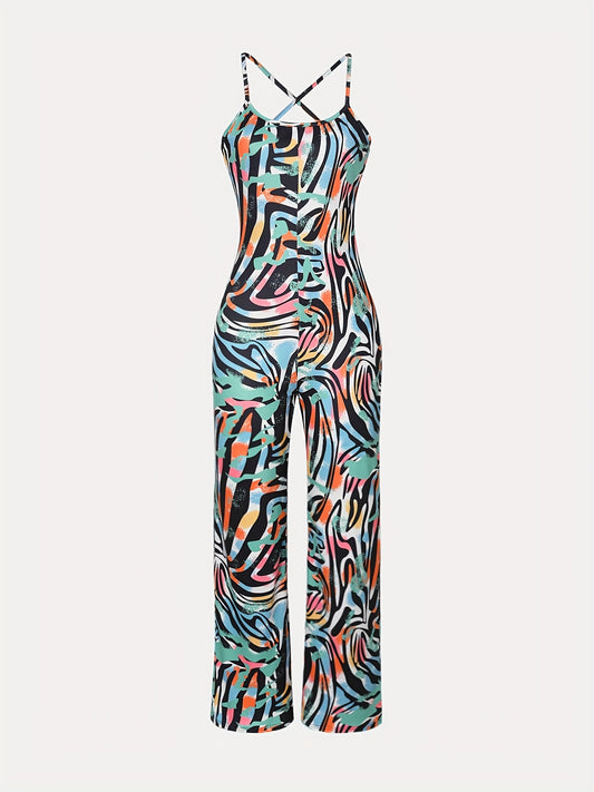 Women's Stylish All-Over Print Cami Jumpsuit - Vibrant Abstract Pattern, High Elasticity, Machine Washable, Perfect for Spring/Summer/Fall