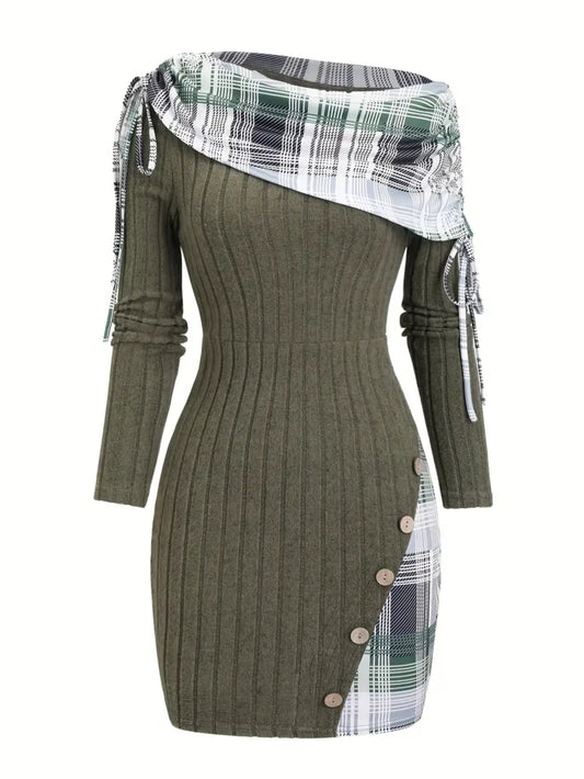 Women's Olive Green Checkered Patchwork Dress - Asymmetric Slant-Shoulder Button Neckline, Fitted Winter Dress for Autumn/Winter, Elegant for everyday to date Outfits (Non- Base Layer Compatible with)