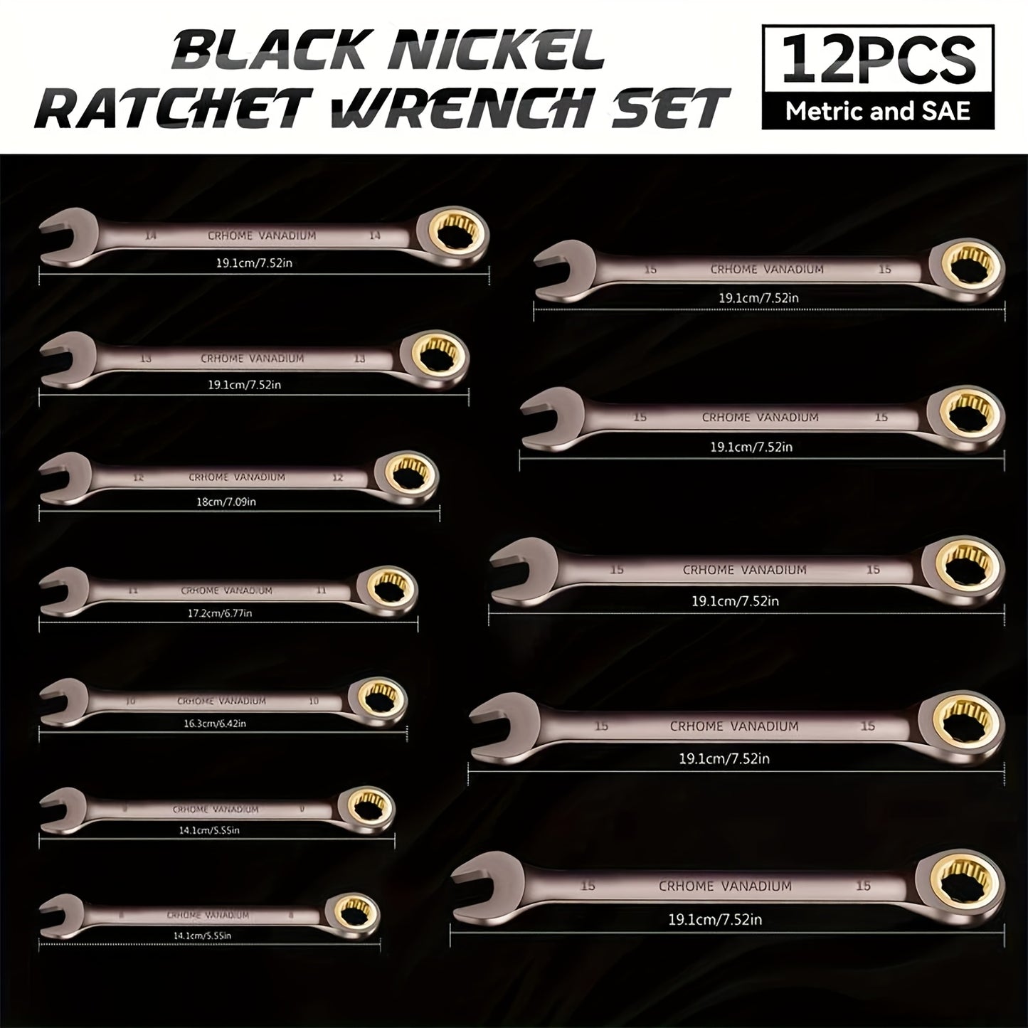 12pcs Nickel Plating Fixed Head Ratchet Wrench Set, Combination Wrench Set Metric 8-19mm&SAE 1/4-13/16Inch, With Rolling Pouch, 72-Tooth Industrial Chrome Vanadium Steel, For Motorcycle And Bicycle Maintenance, Gift For Dad&H