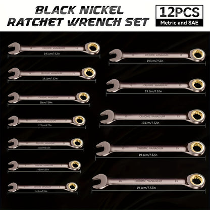 12pcs Nickel Plating Fixed Head Ratchet Wrench Set, Combination Wrench Set Metric 8-19mm&SAE 1/4-13/16Inch, With Rolling Pouch, 72-Tooth Industrial Chrome Vanadium Steel, For Motorcycle And Bicycle Maintenance, Gift For Dad&H