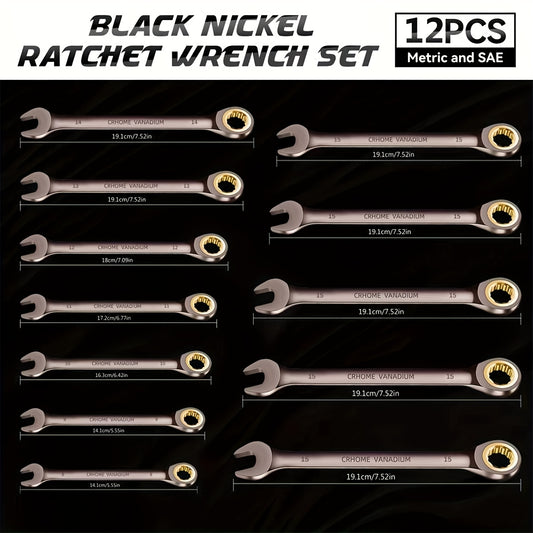 12pcs Nickel Plating Fixed Head Ratchet Wrench Set, Combination Wrench Set Metric 8-19mm&SAE 1/4-13/16Inch, With Rolling Pouch, 72-Tooth Industrial Chrome Vanadium Steel, For Motorcycle And Bicycle Maintenance, Gift For Dad&H