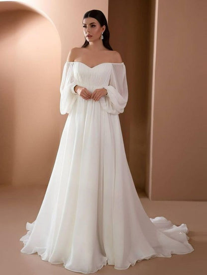 Women'S Elegant Vintage-Inspired One-Shoulder/Off-Shoulder Wedding & Party Dress - Long Sleeve A-Line Chiffon Gown with Puff Sleeve & Train Hem, Solid Formal Evening Gown for Spring Summer Fall, Loose Fit A-Line Silhouette, L