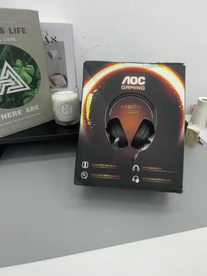 AOC Surround Bass Headphones with LED Lights, Jack, Volume Control, Condenser Mic, Tangle-Free Design, Compatible with PS5, PS4, Xbox One Controllers & Mobile Devices, Like Switch - Open-back Earcups, Black Plastic Material