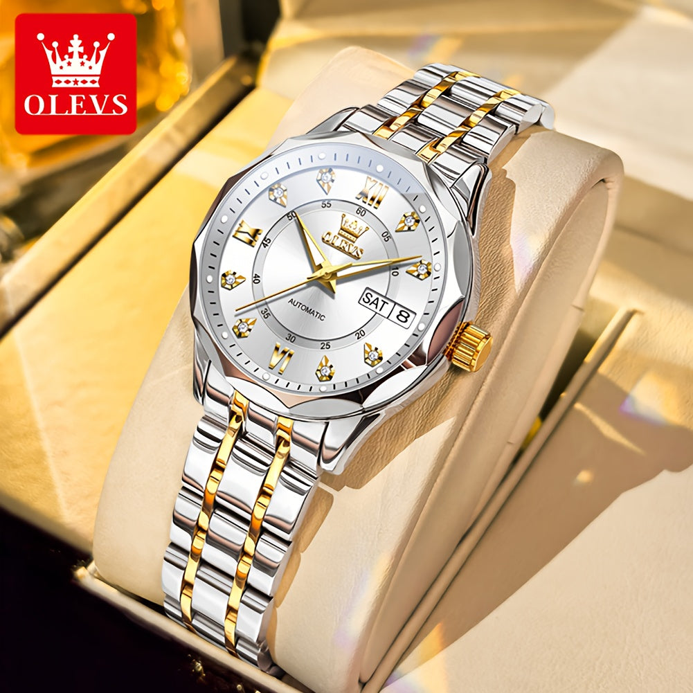 OLEVS Women'S Stainless Steel Automatic Mechanical Watch with Luminous Hands & Chronograph - Golden-Tone Elegant Round Watch, High Quality (Not), Luxury Analog Wristwatch for Women, No Battery/Easy Maintenance, Durable Everyd