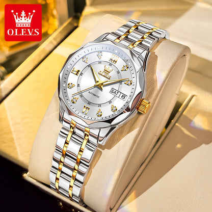 OLEVS Women'S Stainless Steel Automatic Mechanical Watch with Luminous Hands & Chronograph - Golden-Tone Elegant Round Watch, High Quality (Not), Luxury Analog Wristwatch for Women, No Battery/Easy Maintenance, Durable Everyd
