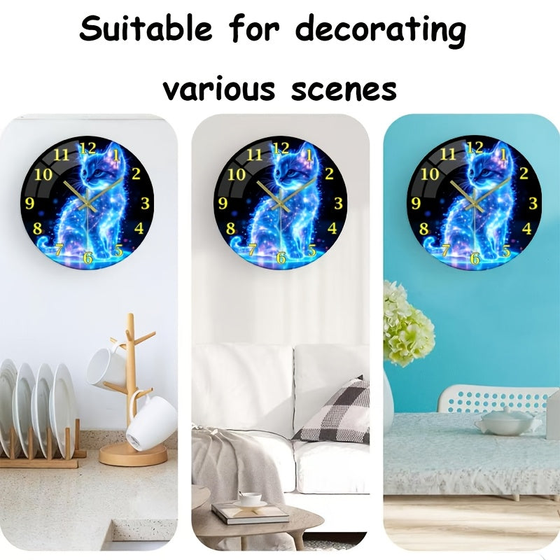 One 12-inch glowing neon cat silent wall clock - stunning blue galaxy kitten design, made with thick tempered glass, perfect for home and kitchen decor, Valentine's Day or anniversary gift. Batteries not included, cat-themed