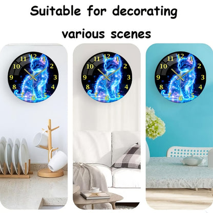 One 12-inch glowing neon cat silent wall clock - stunning blue galaxy kitten design, made with thick tempered glass, perfect for home and kitchen decor, Valentine's Day or anniversary gift. Batteries not included, cat-themed