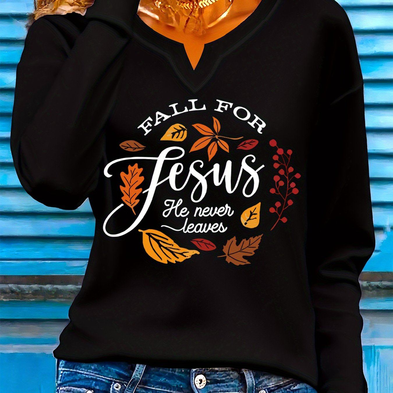 Women'S V-Neck T-Shirt - Fall Inspirational Christian Faith Apparel & Fall Leaves Design, Soft Everyday Church Outfit Essential for Women, Casual Wear & Seasonal Fashion, Autumn Theme Shirt, Comfortable Fit Shirt, Faithbased