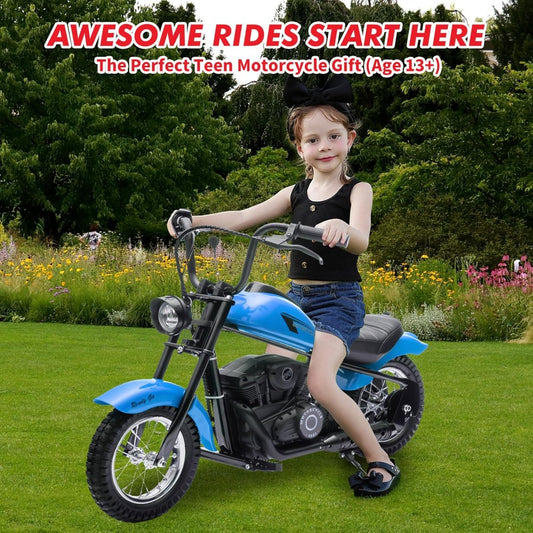 Children's Electric Dirt Bike 24V, Maximum Load Capacity 150 Lbs, 15 Mph Speed, Chain Drive Motor with 12-inch Pneumatic Tires, Handbrake and Shock Absorbers, LED Lights, Battery Indicator, Suitable for Boys and Girls Ride on