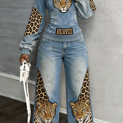 [Printed Pants - Not Denim Fabric] [Non-denim] Women's Flat Print Trendy Casual Long-Sleeved Hooded Drawstring Sport Top + High-Waisted Sport Pants]