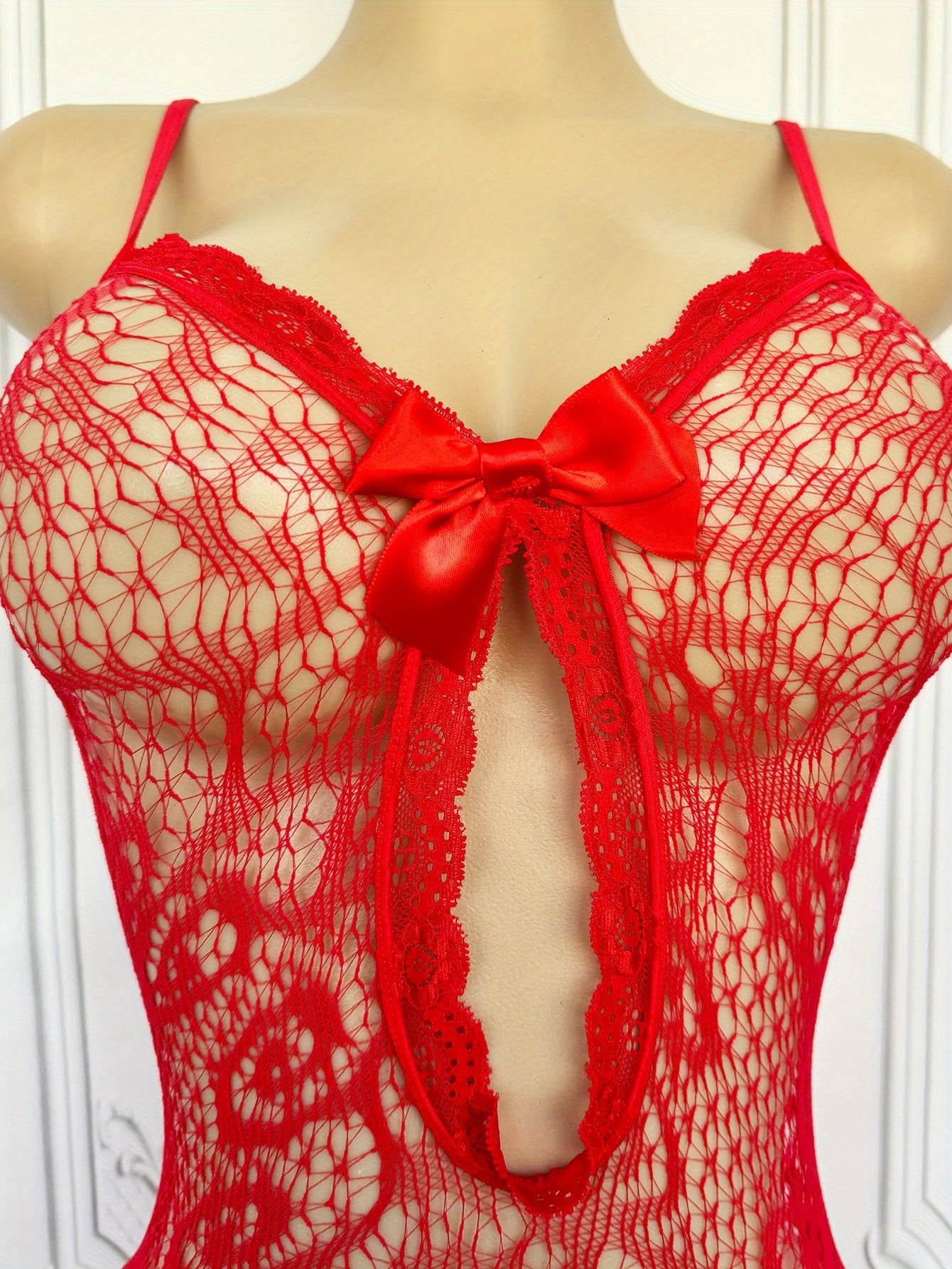 Women's Red Lace Mesh Onesie Bodysuit - Sheer Figure-Hugging Dress with Bow Accent, Semi- Wedding Night Gown for Valentine's Day, Special Occasions & Year-Round Wear (Slim Curve Friendly, Hand Washable)