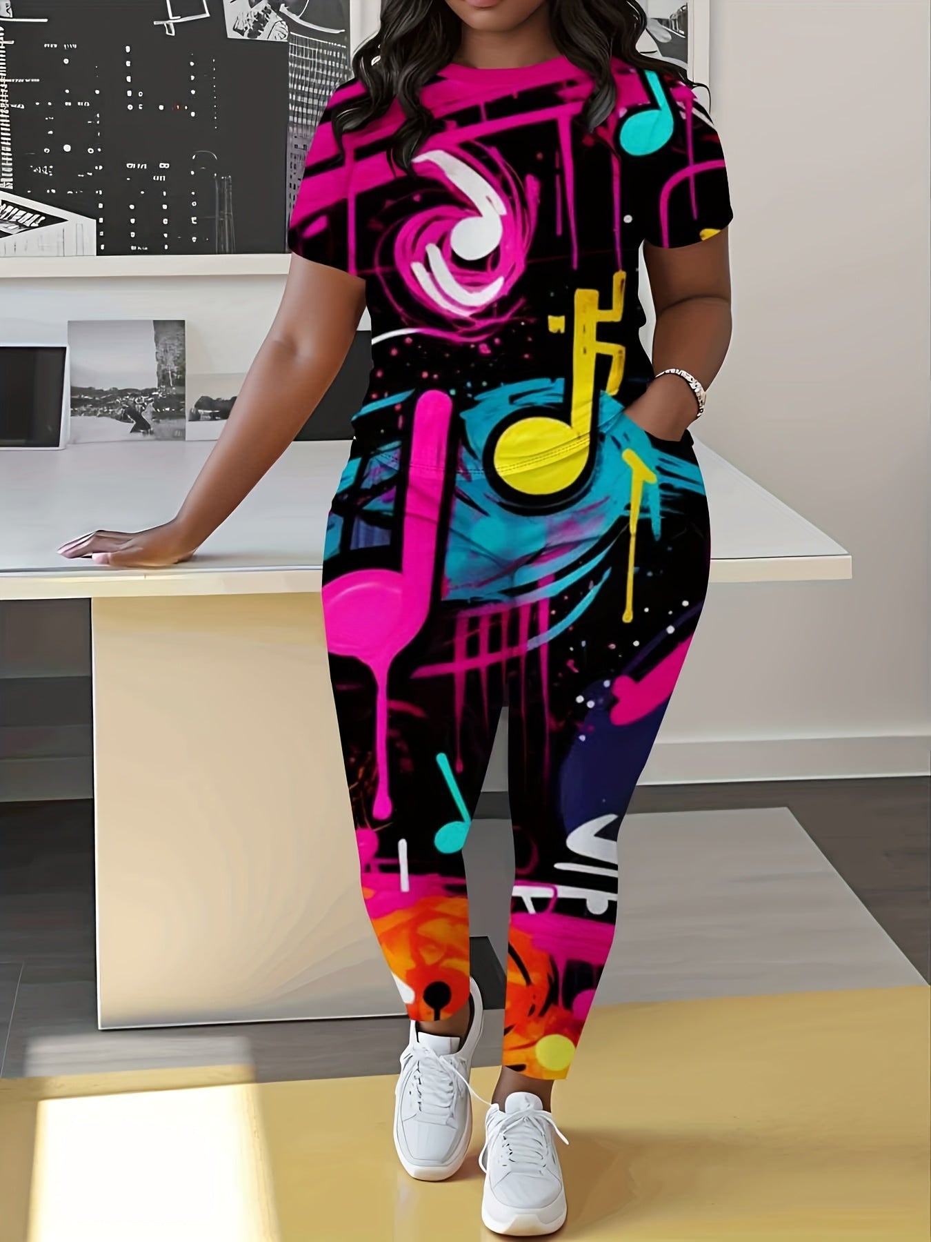 Women's Plus Size Music-themed Print Jumpsuit - Stretchy Polyester All-over Neon & Pastel Music Note & Sound Wave Design, Short Sleeve Round Neck Romper with Pants, Casual & Comfortable Outfit Fo
