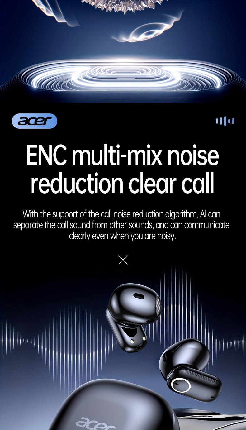 ACER TWS Wireless Earbuds with Deep Noise Reduction - 50h Long Standby, Low Latency, HIFI Stereo Sound, Touch Control, Rechargeable Lithium Battery, Ideal for Running & Sports, Sports Headphones|Ergonomic Design|Durable Plast