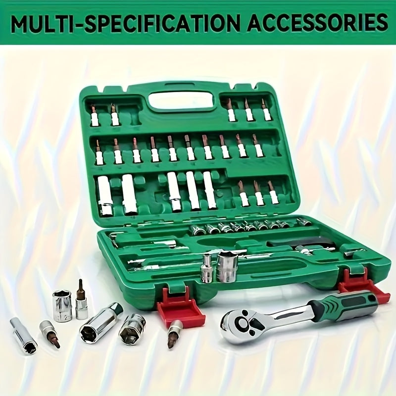 High-end Professional 53pcs Tool Set, Auto/bicycle Repair Machinery Kit, 1/2 Inch *1/4 Inch 3/8 Inch Drive Depth And Standard Wrench Set, Race-grade Auto Parts Repair Ratchet Wrench And Other Auto Repair Accessories Tool Set