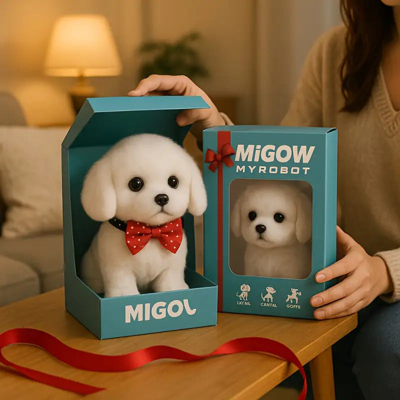 Interactive Electronic White Labrador Puppy Plush Toy - Realistic Walking, Barking & Wagging Tail Robot Dog with Expressive Eyes, Soft Non-Toxic Body & Red Polka Dot Bow Tie - Compatible with LAURA, CAMINA, CORE Commands & MI