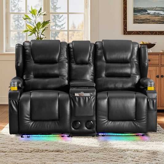 Power Loveseat Recliner With LED Lighting, Home Theater Seating Sofa With Storage & Cup Holders For Living Room RV, Faux Leather