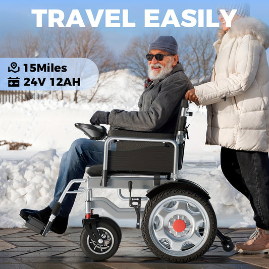 Foldable Electric Wheelchair Ldeal For Elderly, Made For AdultMobility Difficulties, 24V Lead - Acid Battery, Electromagnetic Brake System For Smooth Slope Stopping, 12 - Inch Solid Tires For All Terrains, 15km Range For Regu