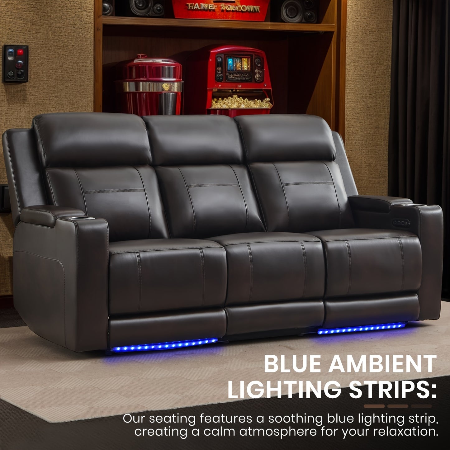Consofa Leather Reclining Couch, Dual Motor Power Reclining Sofawith Power Headrest/LED Light/Armrest Storage, Recliner Sofa 3 Seater for Living Room/Apartment/Bedroom, Living Room Seating, Apartment Furniture, Stylish Reclin