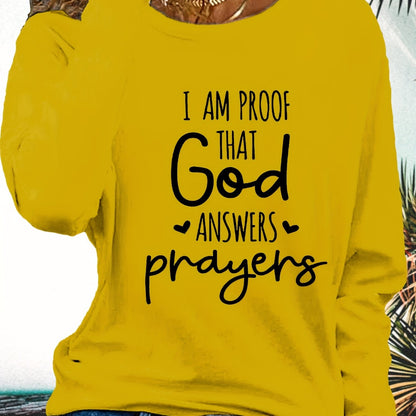 Women's Faith T-Shirt - "I Am Proof God Answers Prayers" Verse Print, Blue Long Sleeve Crew Neck Casual Top, 180gsm Heavyweight Religious Apparel for Church, Casual Attire & Prayer Outfits