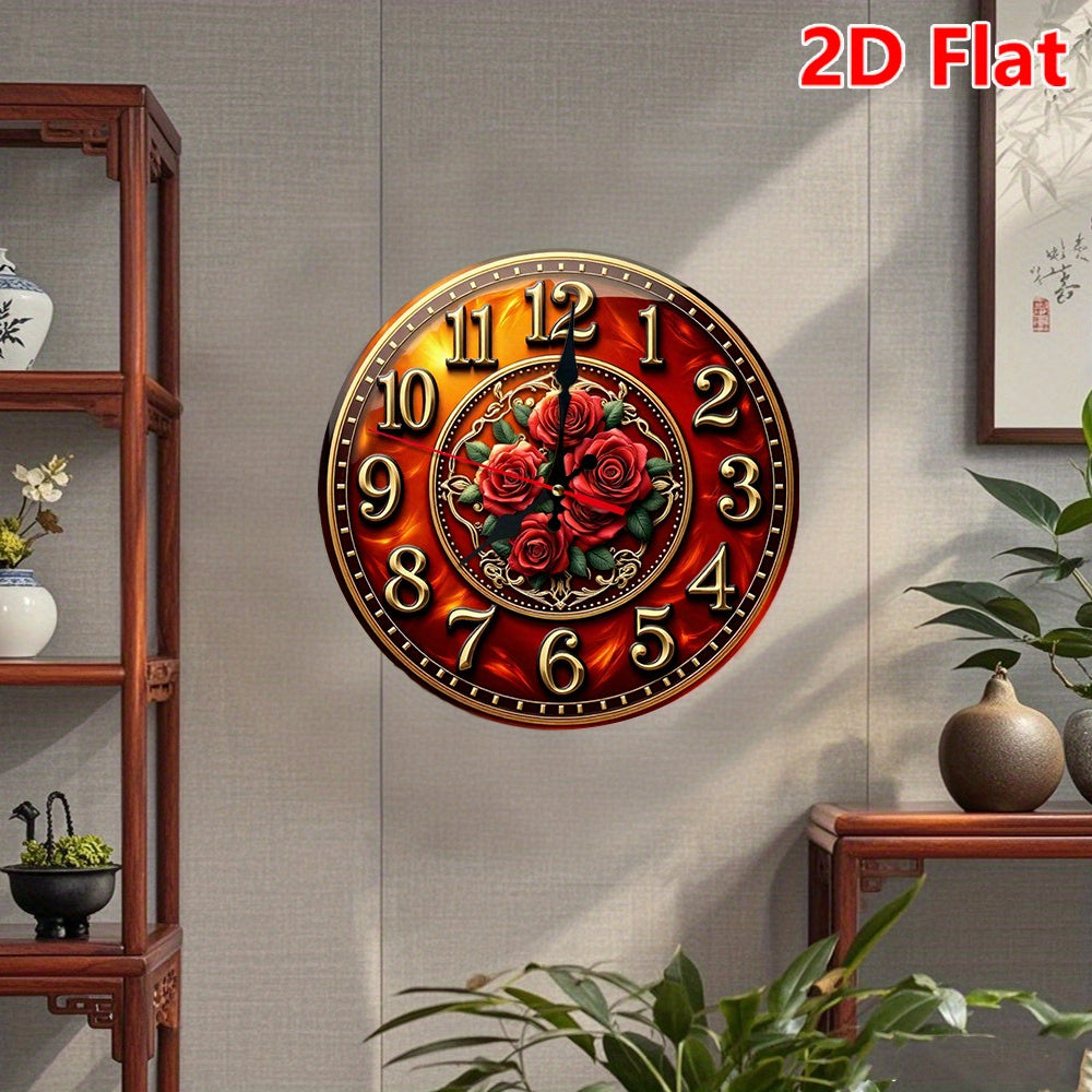 10 Inch Golden Rose Medallion Silent Wall Clock - Golden & Burgundy Roman Numeral Round Clock with Red Hands, Large Black Center, Battery Operated Wood Frame - Easy-Read Seconds Display for, Office, Cafe, Bedroom - Elegant Ti