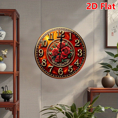 10 Inch Golden Rose Medallion Silent Wall Clock - Golden & Burgundy Roman Numeral Round Clock with Red Hands, Large Black Center, Battery Operated Wood Frame - Easy-Read Seconds Display for, Office, Cafe, Bedroom - Elegant Ti