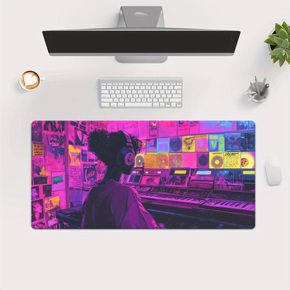 1pc XXL Neon-Lit DJ Scene Mouse Pad - Vibrant Office & Gaming Decor, Non-Slip Rubber Base, Large Desk Mat with Music-Themed Design, Perfect for Gamers & Office Use, Gaming Desk Accessory | Vibrant Desk Decor | Functional Desk