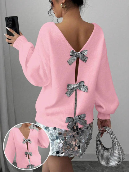 French-Style Sequin Bow-Adorned Loose-Fit Cardigan Sweater with Button Front Placket - Winter Warm Blouse, Casual Elegant Outerwear for Parties Weddings Daily Wear