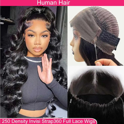 360 Lace Front Wigs Human Hair with Drawstring Pre Plucked Hidden Strap 360 HD Full Lace Body Wave Frontal Wig Glueless Wigs