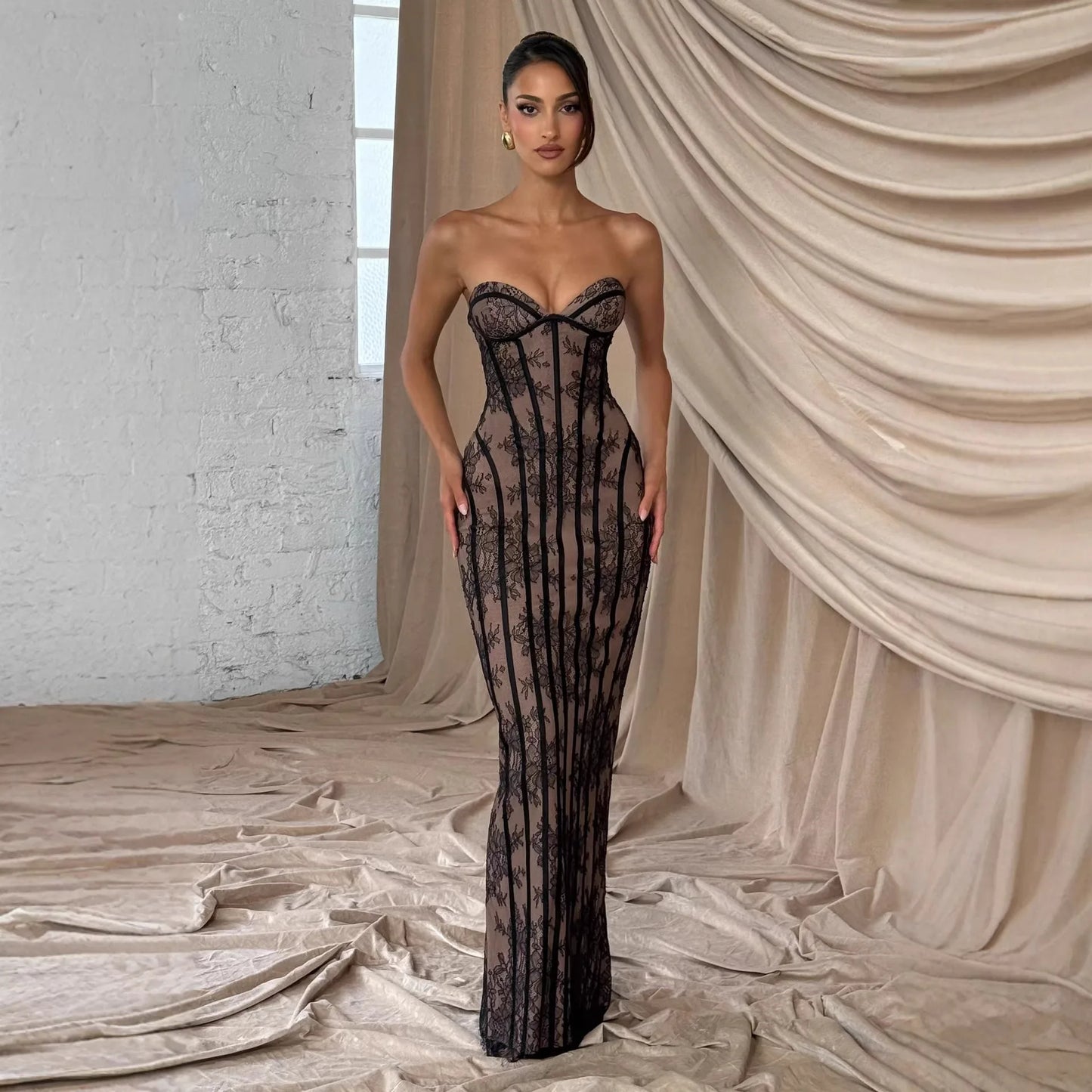 Elegant Women's Strapless Lace Long Dress Sexy Corset Maxi Dresses Summer Evening Party Cocktail Prom Wedding Guest Red Black