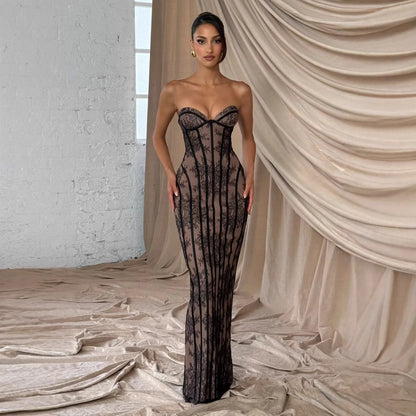 Elegant Women's Strapless Lace Long Dress Sexy Corset Maxi Dresses Summer Evening Party Cocktail Prom Wedding Guest Red Black