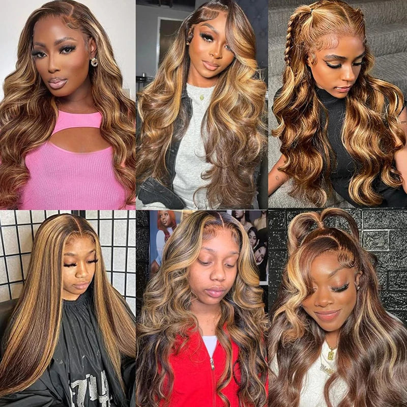 Body Wave 13x6 13x4 Lace Frontal Human Hair Wig Transparent 100% Highlight 34 Inch Brazilian Wigs #4/27 on sale For Women 180%
