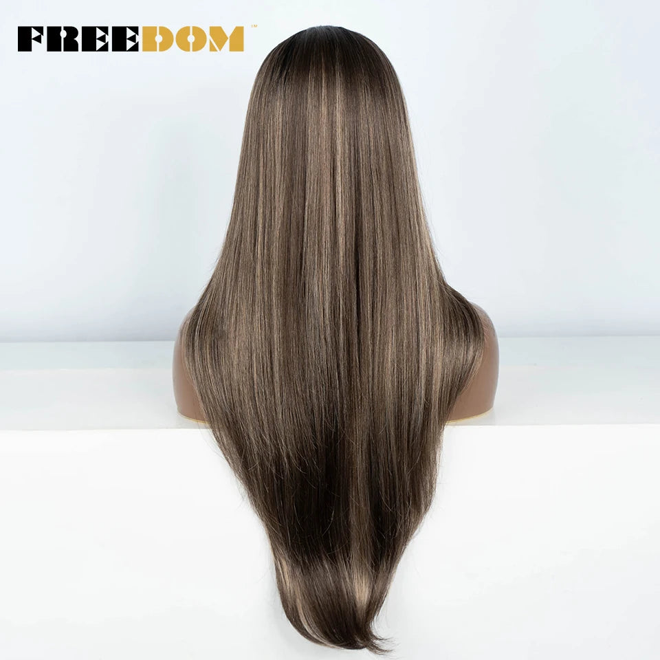 FREEDOM 28 Inch Straight Synthetic Lace Front Wigs For Women Ombre Brown Blonde Highlight Layer Cosplay Lace Wigs Heat Resistant
