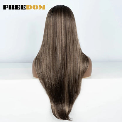 FREEDOM 28 Inch Straight Synthetic Lace Front Wigs For Women Ombre Brown Blonde Highlight Layer Cosplay Lace Wigs Heat Resistant