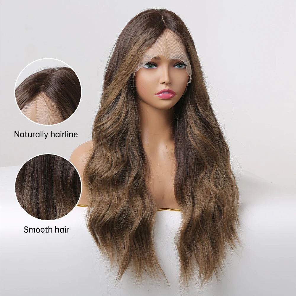 Long Wavy Transparent Lace Front Synthetic Wigs Brown Golden Ombre Lace Frontal Wig for Black Women Natural Cosplay Closure Hair