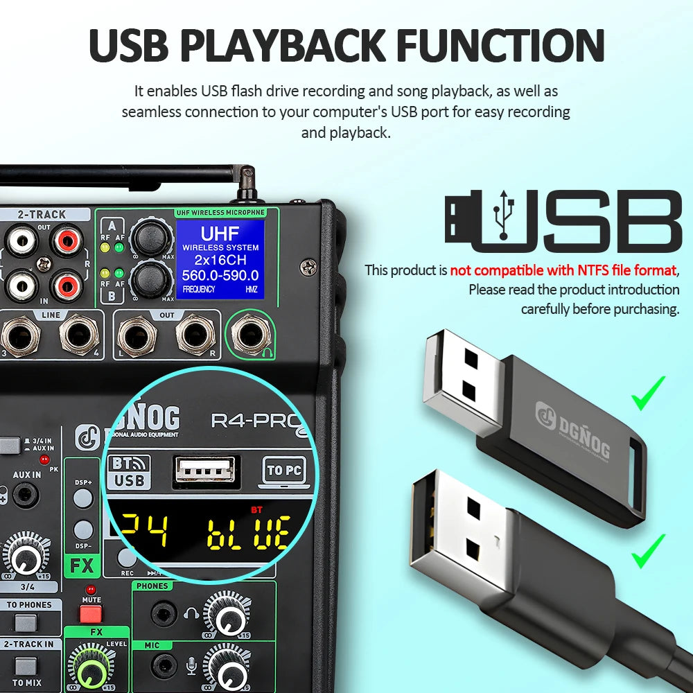 DGNOG Dual UHF Wireless Microphone DJ Audio Mixer 4 Channel Mixer Karaoke Mixer USB Bluetooth for Computer Recording Studio