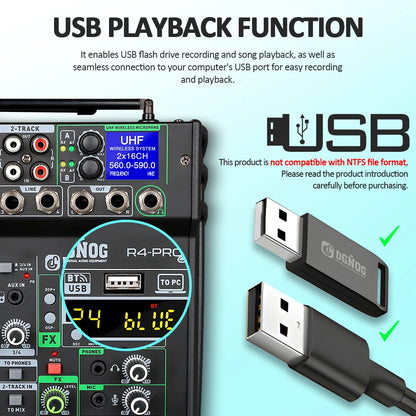 DGNOG Dual UHF Wireless Microphone DJ Audio Mixer 4 Channel Mixer Karaoke Mixer USB Bluetooth for Computer Recording Studio