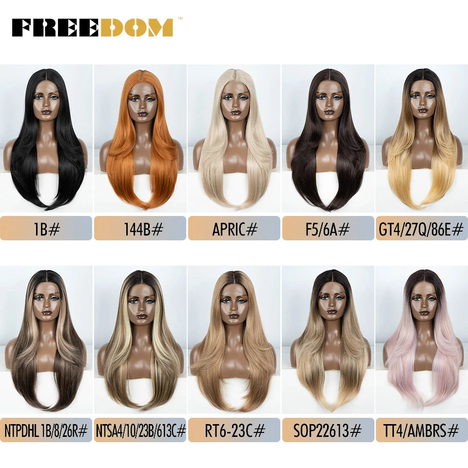 FREEDOM 28 Inch Straight Synthetic Lace Front Wigs For Women Ombre Brown Blonde Highlight Layer Cosplay Lace Wigs Heat Resistant