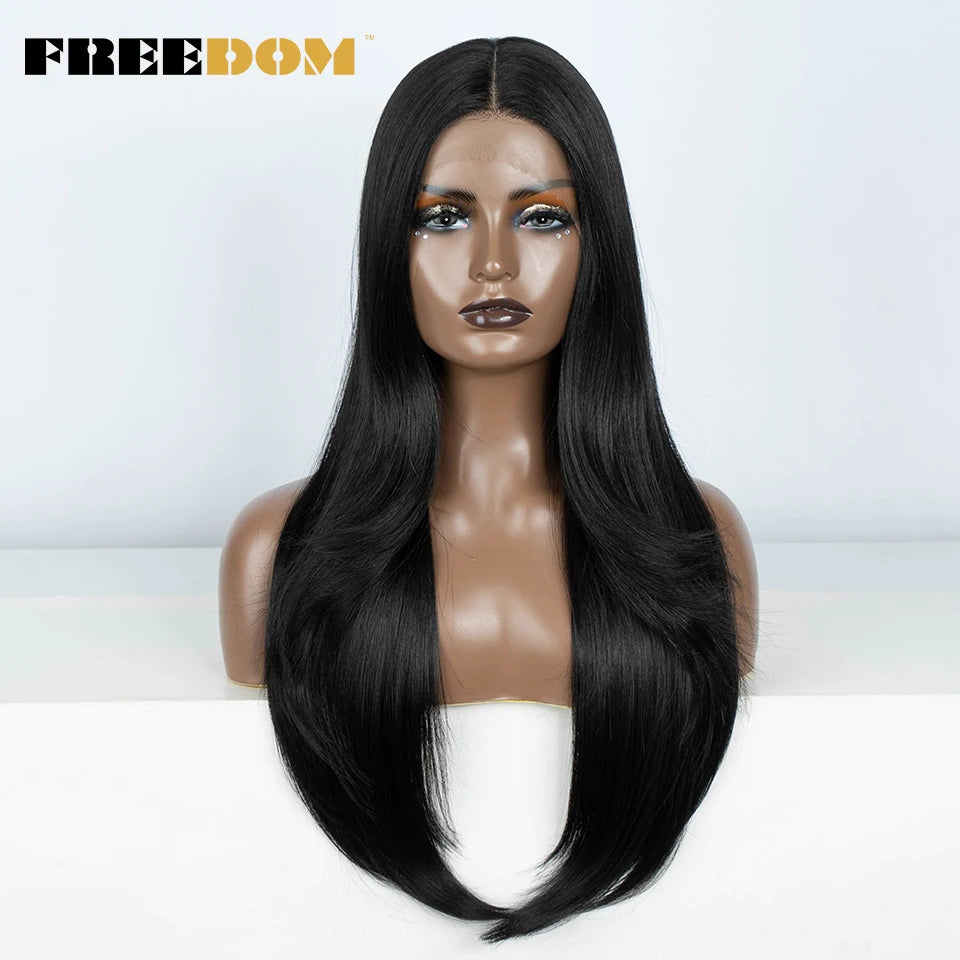FREEDOM 28 Inch Straight Synthetic Lace Front Wigs For Women Ombre Brown Blonde Highlight Layer Cosplay Lace Wigs Heat Resistant