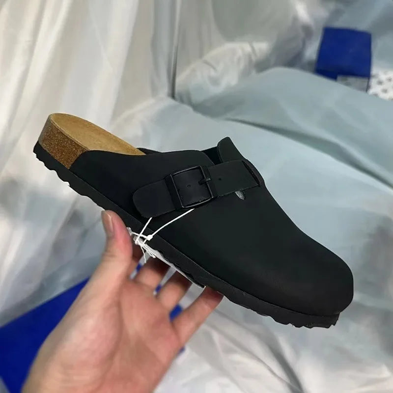 Women Men Suede Leather Clogs Adjustable Buckle Cork Footbed Non-slip Casual Mules Slippers