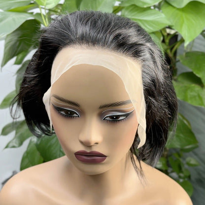 13x4 Lace Frontal 1BT4 Ombre Pixie Cut Wig Human Hair Wigs 300% Density Short Natural Wavy Remy Hair Bob Wigs for Black Women