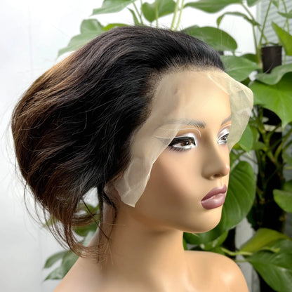 13x4 Lace Frontal 1BT4 Ombre Pixie Cut Wig Human Hair Wigs 300% Density Short Natural Wavy Remy Hair Bob Wigs for Black Women