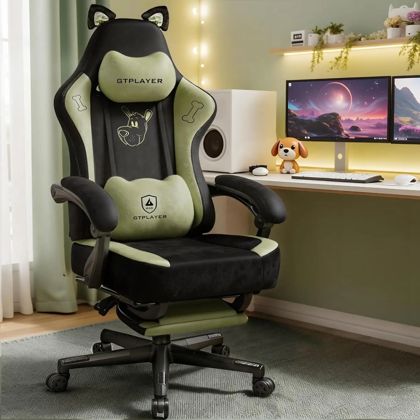 Cat Ear Gaming Chair: Cute Ergonomi Computer Chair with Cat Embroidery, Adjustable Memory Foam Lumbar Support & Headrest