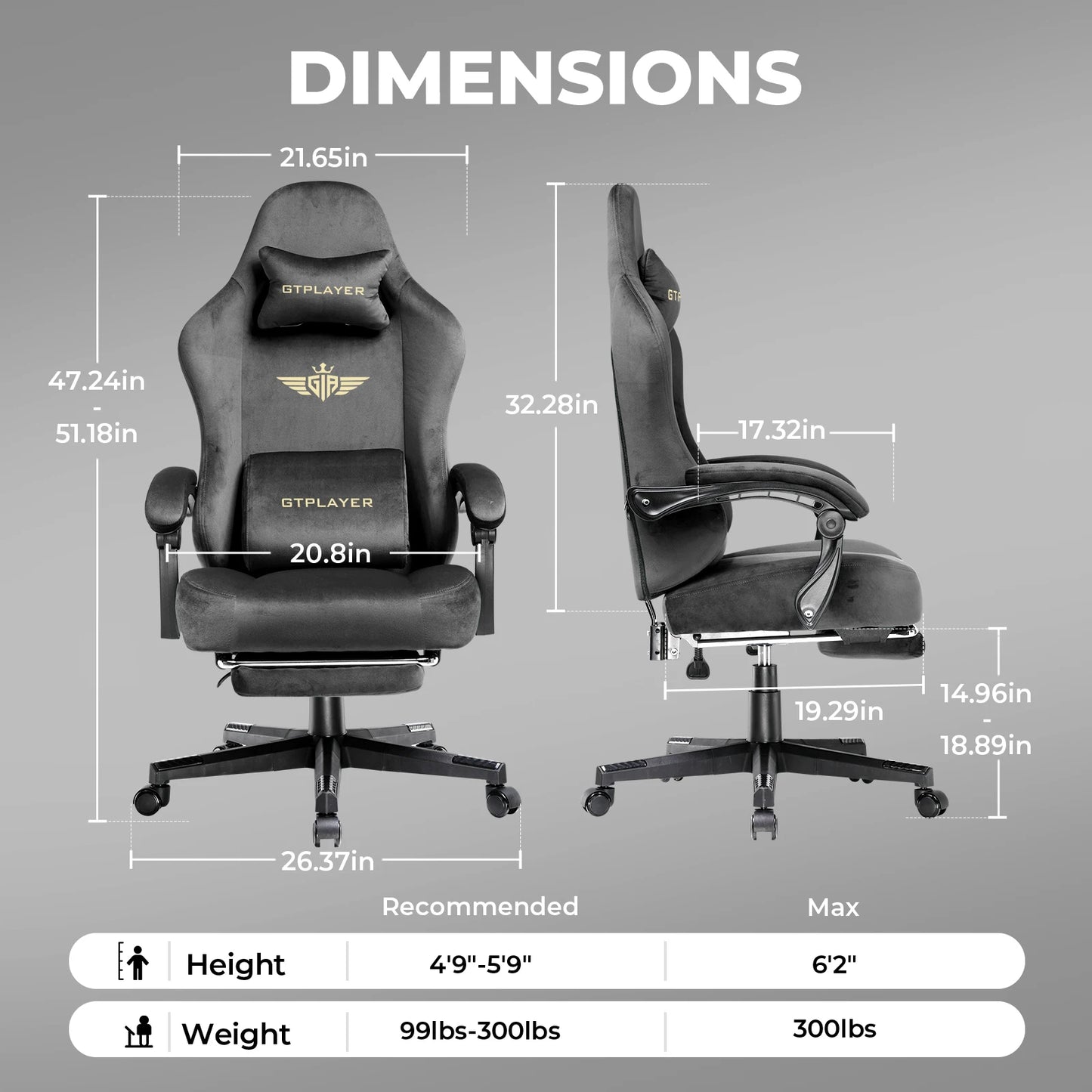 Gtplayer Gaming Chair Fabric with Pocket Spring Cushion, Big and Tall Gaming Chair 350Lbs High Back Computer Chair