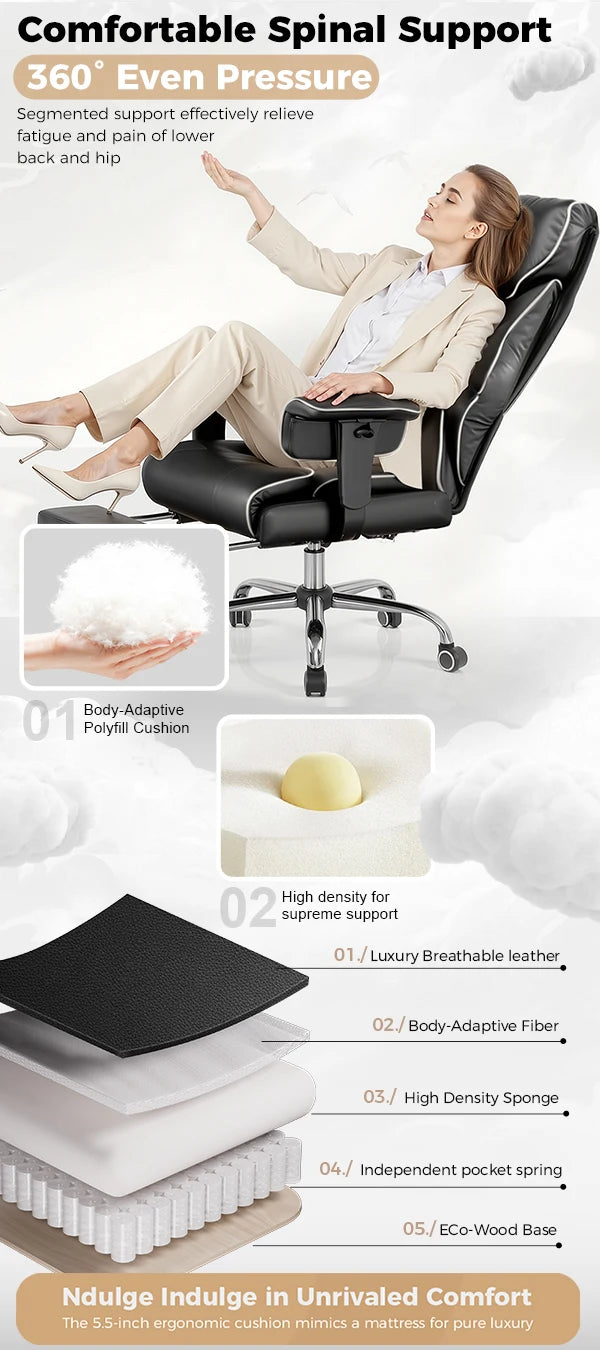 COMHOMA Big and Tall Office Chair 400lbs High Back Leather Executive Chair with Ergonomic Lumbar Support & Pocket Spring Cushion