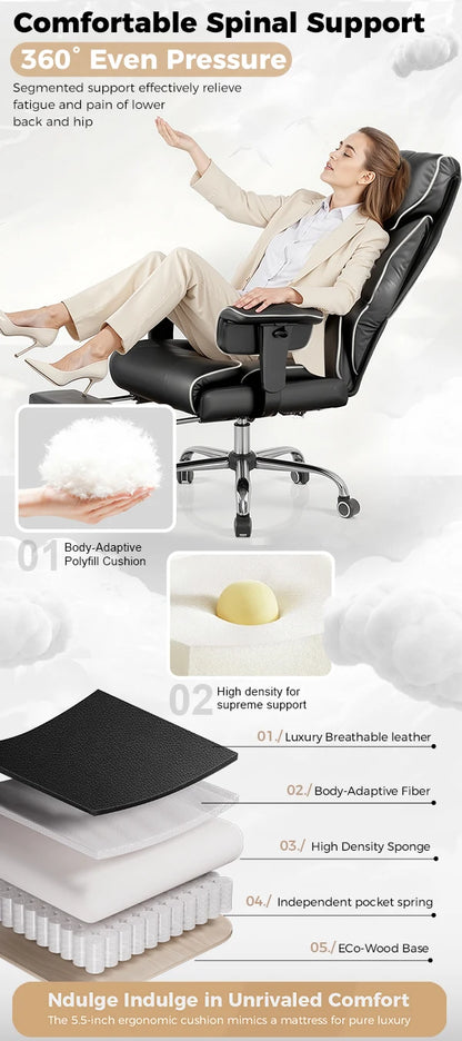 COMHOMA Big and Tall Office Chair 400lbs High Back Leather Executive Chair with Ergonomic Lumbar Support & Pocket Spring Cushion