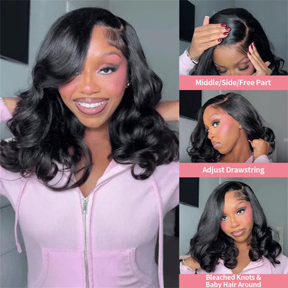 Body Wave 13x4 HD Lace Front Wigs Human Hair 200% Density Bob Wig Human Hair Pre Plucked Short Bob Wigs For Black Women 4x4 Lace Closure Frontal Wig Human Hair Natural Black Loose Wavy 14 Inch Bob Wigs