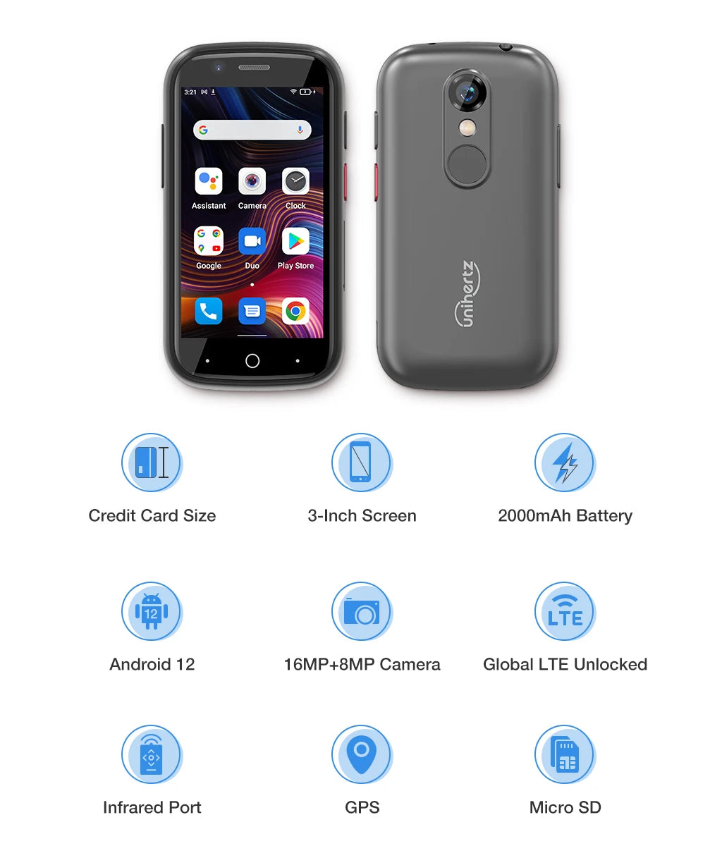 Unihertz  Jelly 2E Mini 4G Android 12 Unlocked Smartphone 4+64GB With SD Card Silver Grey And VoLTE HD Voice Support