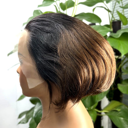 13x4 Lace Frontal 1BT4 Ombre Pixie Cut Wig Human Hair Wigs 300% Density Short Natural Wavy Remy Hair Bob Wigs for Black Women