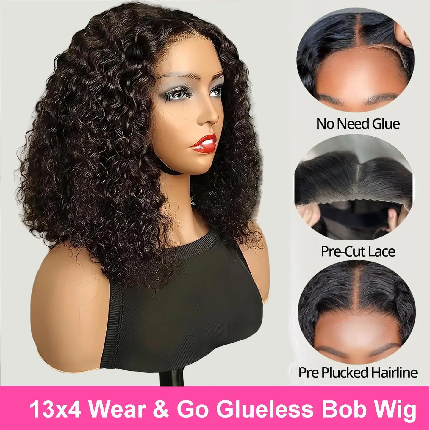 Short Bob Glueless Wigs Deep Wave Glueless Human Hair Ready To Wear 180% Pre Cut Lace 4x4 13x4 Culry Lace Front Human Hair Black
