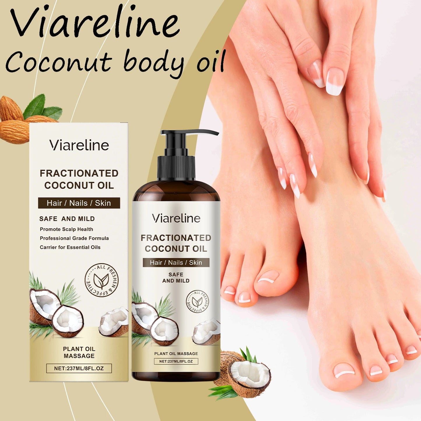 Viareline Coconut Body Essence Oil Moisturizing Massage Body Relief Soreness and Fatigue Daily Nourishing Coconut Body Oil